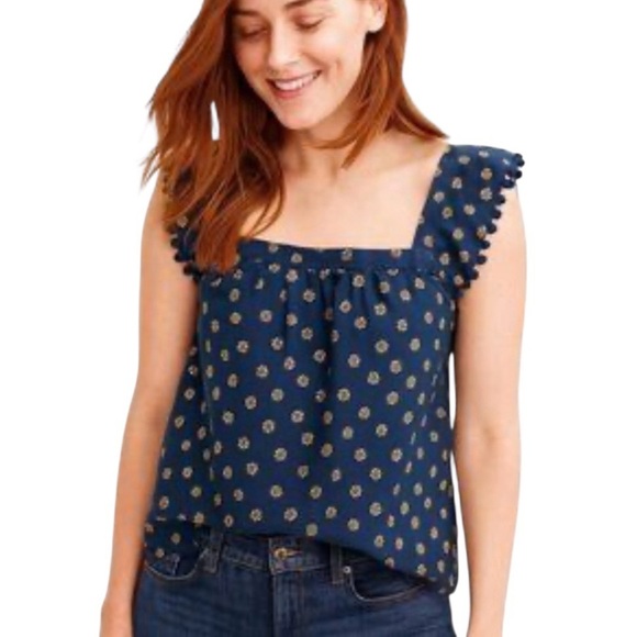 J. Crew Factory Tops - J.Crew Printed Square-Neck Top In Cotton Poplin With Pom Poms